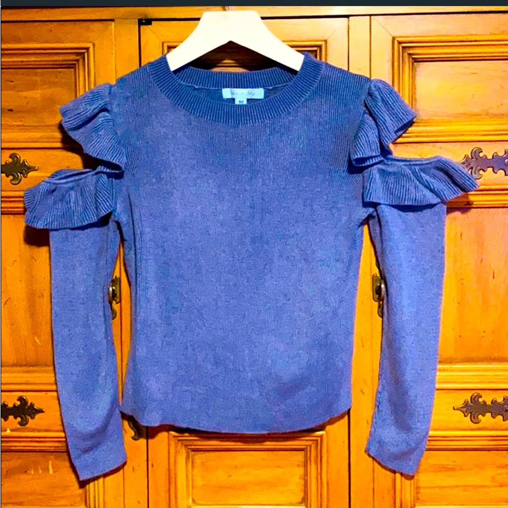 Open Shoulder Ruffled Blue Sweater